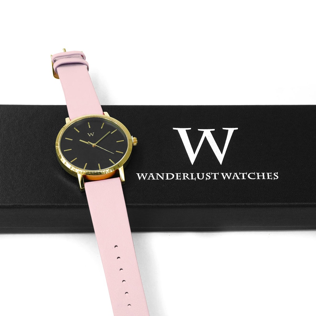 Reloj de Pulsera Wanderlust, Esfera Negra con correa rosa y gris - Dorado