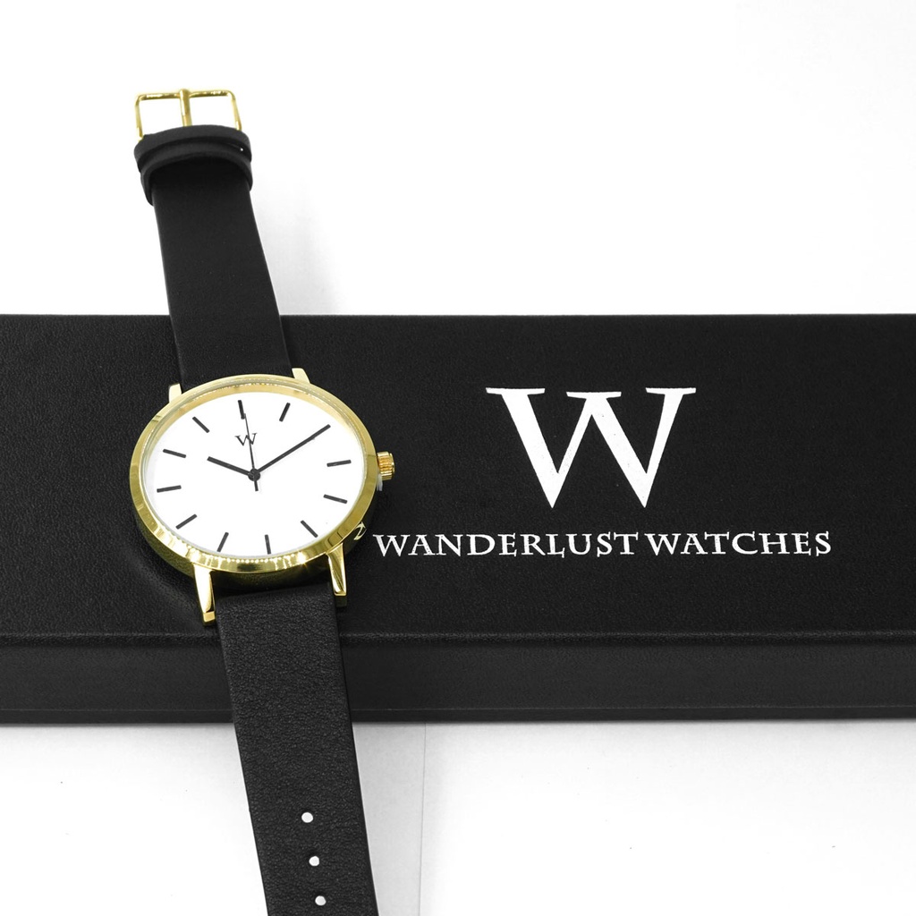 Reloj de Pulsera Wanderlust, Esfera Blanca con correa negra y rosa - Dorado
