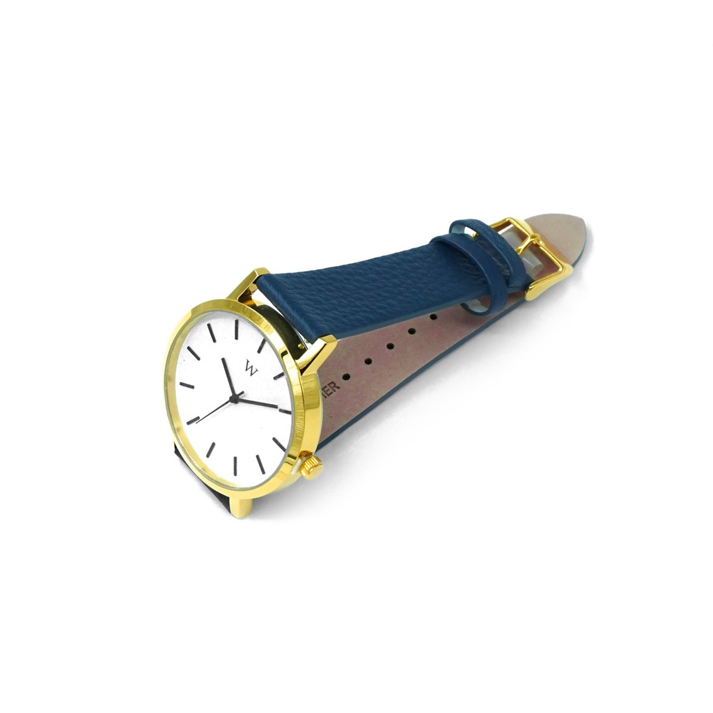 Reloj de Pulsera Wanderlust, Esfera Blanca con correa azul y negra - Dorado