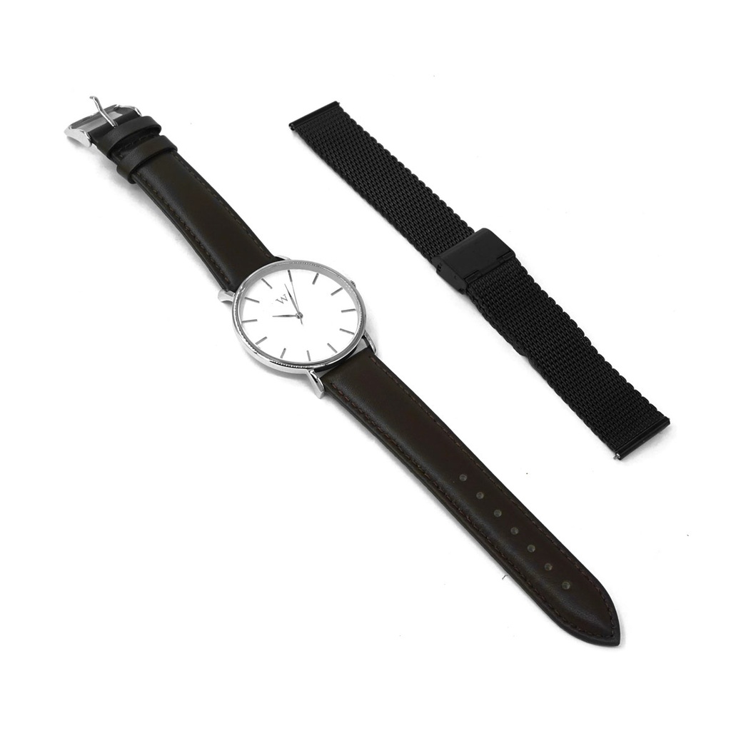 Reloj de Pulsera Wanderlust, Esfera Blanca con correa negra de cuero y negra de nylon - Plateado