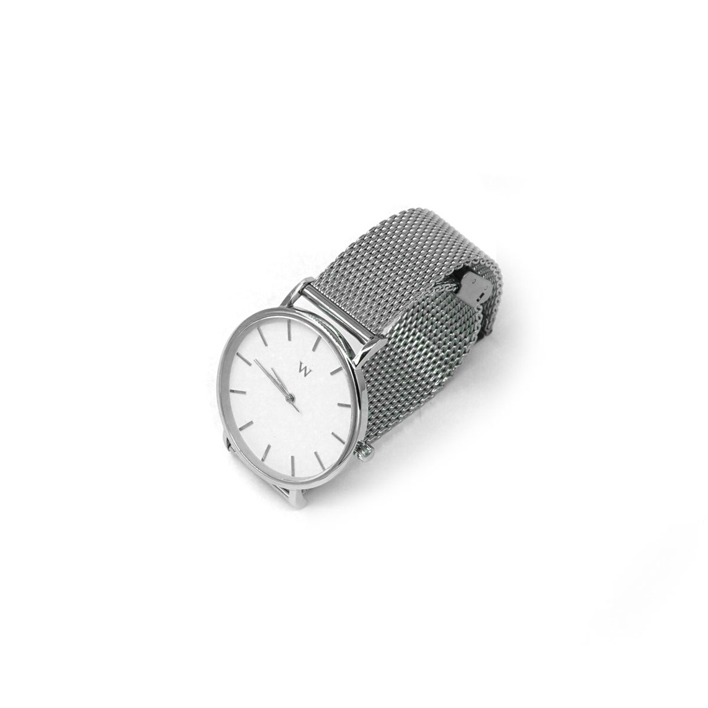 Reloj de Pulsera Wanderlust, Esfera Blanca con correa de malla metálica plateada - Plateado