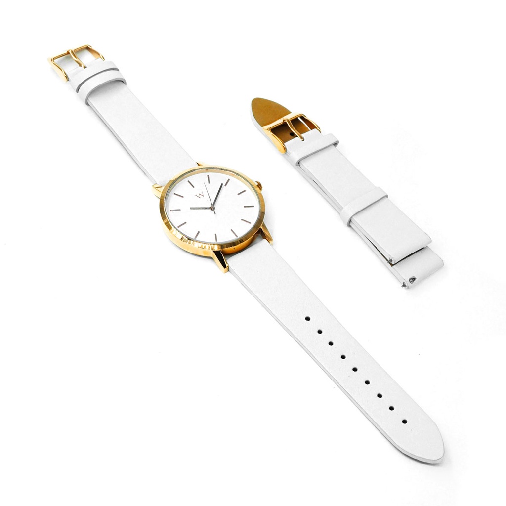 Reloj de Pulsera Wanderlust, Esfera Blanca con correa blanca y repuesto - Dorado