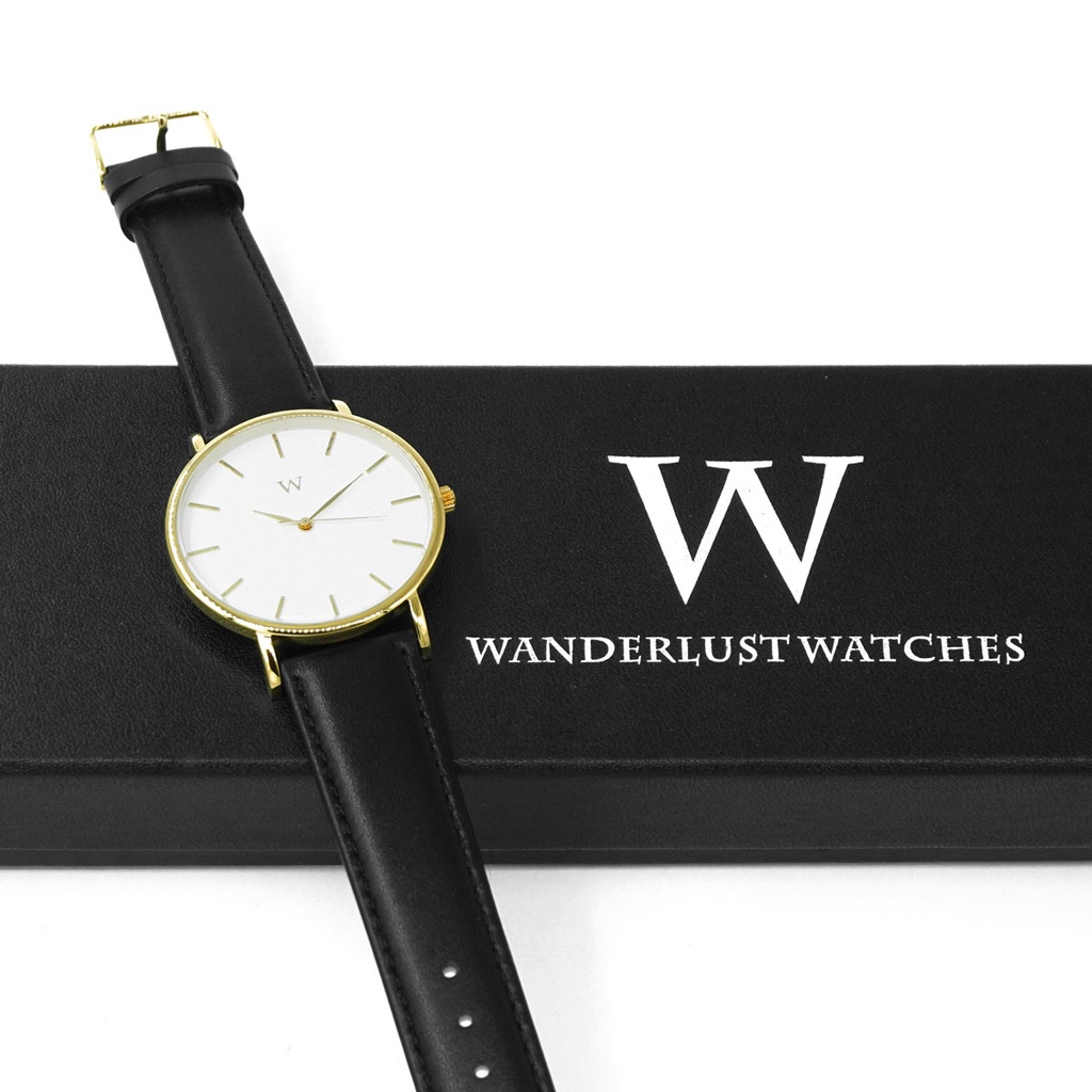 Reloj de Pulsera Wanderlust, Esfera Blanca con correa negra y rosa - Dorado