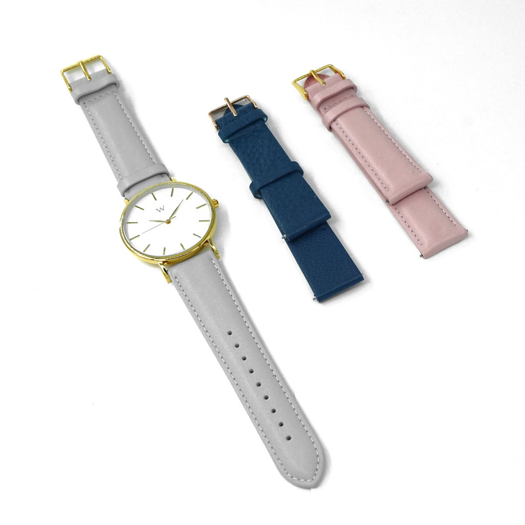 Reloj de Pulsera Wanderlust, Esfera Blanca con correa gris, azul y rosa - Dorado
