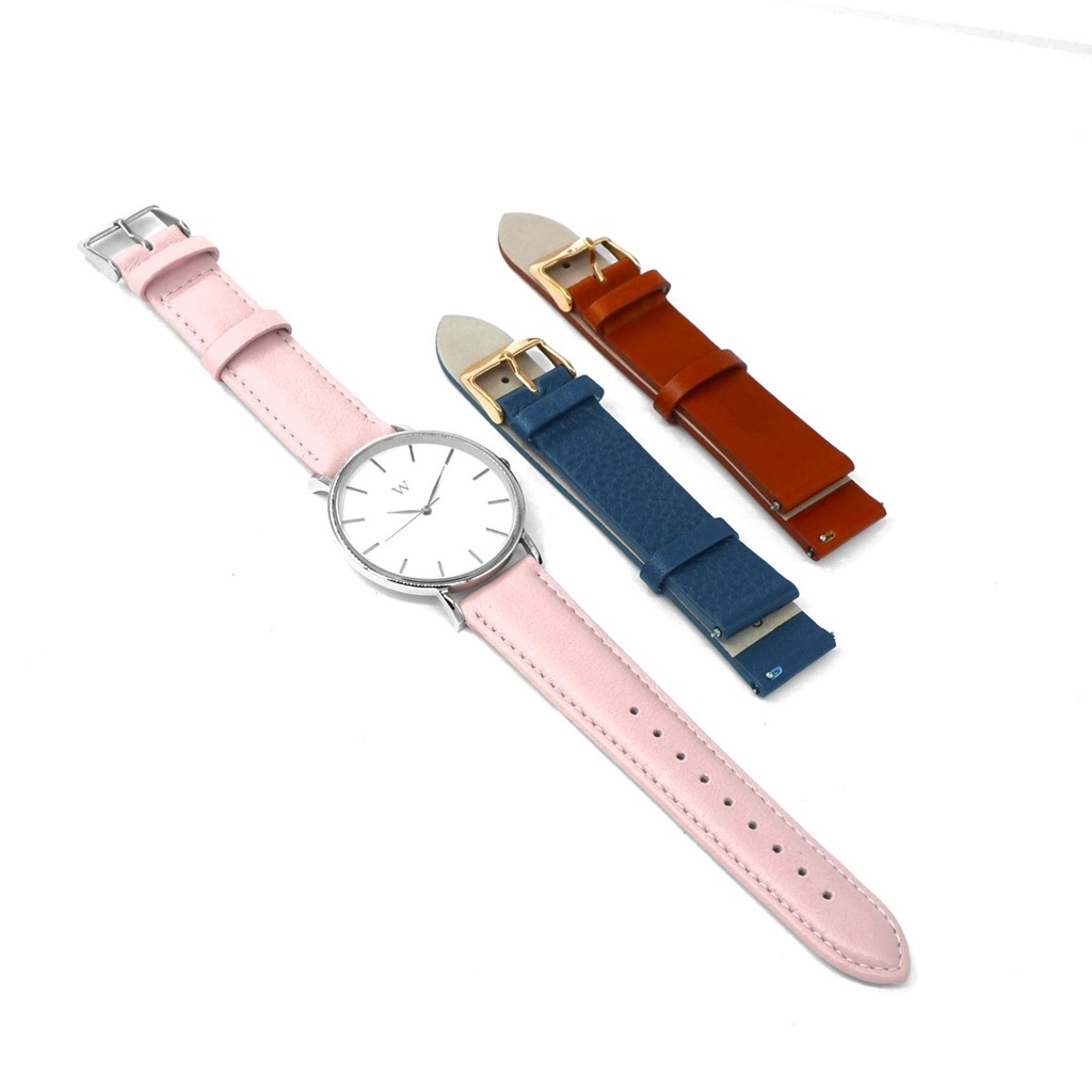 Reloj de Pulsera Wanderlust, Esfera Blanca con correa rosa, azul y roja - Plata