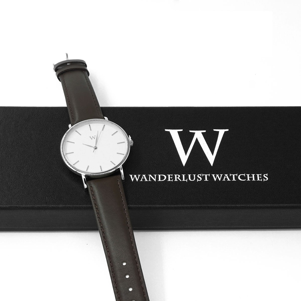 Silver Wristwatch with White Dial Brown Band
